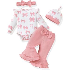 imageRenotemy Preemie Newborn Baby Girl Clothes Infant Romper Fall Winter Outfits Gifts for Girls Cute Bell Bottoms Pant SetsPink