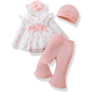 imageRenotemy Preemie Newborn Baby Girl Clothes Infant Romper Fall Winter Outfits Gifts for Girls Cute Bell Bottoms Pant SetsPink Heart