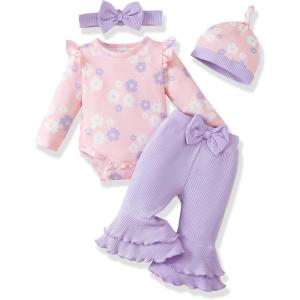 imageRenotemy Preemie Newborn Baby Girl Clothes Infant Romper Fall Winter Outfits Gifts for Girls Cute Bell Bottoms Pant SetsPurple