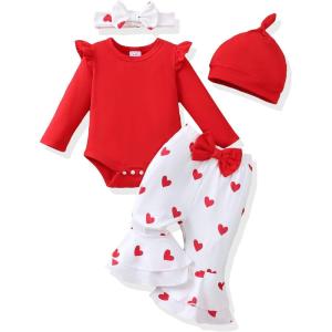 imageRenotemy Preemie Newborn Baby Girl Clothes Infant Romper Fall Winter Outfits Gifts for Girls Cute Bell Bottoms Pant SetsRed