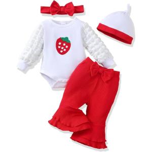 imageRenotemy Preemie Newborn Baby Girl Clothes Infant Romper Fall Winter Outfits Gifts for Girls Cute Bell Bottoms Pant SetsRed Strawberry