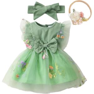 imageRenotemy Baby Girl Flower Dress Summer Tutu Tulle Boho Princess Wedding Birthday Party Dresses for Infant Girls 018 MonthsGreen Embroidery