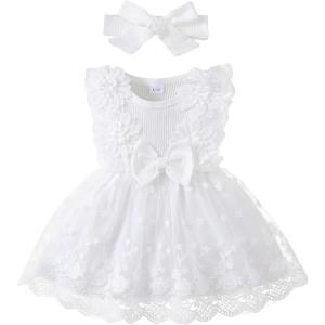 imageRenotemy Baby Girl Flower Dress Summer Tutu Tulle Boho Princess Wedding Birthday Party Dresses for Infant Girls 018 MonthsOffwhite Lace