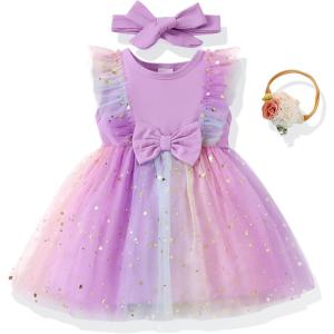 imageRenotemy Baby Girl Flower Dress Summer Tutu Tulle Boho Princess Wedding Birthday Party Dresses for Infant Girls 018 MonthsPurple Sequin