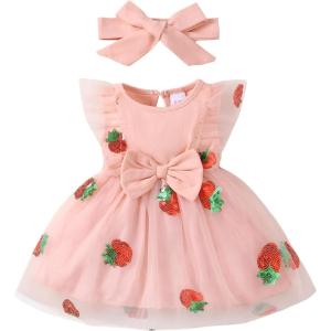 imageRenotemy Baby Girl Flower Dress Summer Tutu Tulle Boho Princess Wedding Birthday Party Dresses for Infant Girls 018 MonthsStrawberry Tulle
