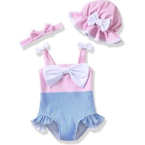 imageRenotemy Baby Girl Swimsuit Infant Bathing Suit Swimwear Sleeveless Bikini Tankini Toddler Girl OnePiece Swimsuit with HatBlue Purple Splice