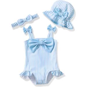 imageRenotemy Baby Girl Swimsuit Infant Bathing Suit Swimwear Sleeveless Bikini Tankini Toddler Girl OnePiece Swimsuit with HatBlue Strip