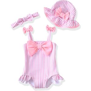 imageRenotemy Baby Girl Swimsuit Infant Bathing Suit Swimwear Sleeveless Bikini Tankini Toddler Girl OnePiece Swimsuit with HatPink Strip