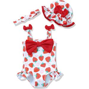 imageRenotemy Baby Girl Swimsuit Infant Bathing Suit Swimwear Sleeveless Bikini Tankini Toddler Girl OnePiece Swimsuit with HatStrawberry