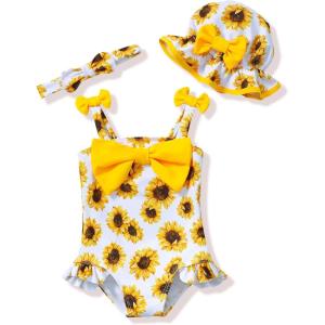imageRenotemy Baby Girl Swimsuit Infant Bathing Suit Swimwear Sleeveless Bikini Tankini Toddler Girl OnePiece Swimsuit with HatYellow Sunflower
