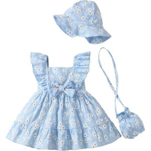 imageRenotemy Newborn Infant Baby Girl Dresses Summer Outfits Boho Casual Sundress Gifts Toddler Clothes for Girl with Hat and BagBlue Daisy