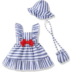 imageRenotemy Newborn Infant Baby Girl Dresses Summer Outfits Boho Casual Sundress Gifts Toddler Clothes for Girl with Hat and BagBlue Stripe