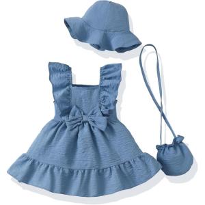 imageRenotemy Newborn Infant Baby Girl Dresses Summer Outfits Boho Casual Sundress Gifts Toddler Clothes for Girl with Hat and BagDenim Blue
