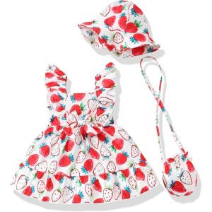 imageRenotemy Newborn Infant Baby Girl Dresses Summer Outfits Boho Casual Sundress Gifts Toddler Clothes for Girl with Hat and BagStrawberry