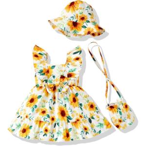 imageRenotemy Newborn Infant Baby Girl Dresses Summer Outfits Boho Casual Sundress Gifts Toddler Clothes for Girl with Hat and BagYellow Sunflower