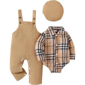 imageRenotemy Baby Boy Clothes Flannel Plaid BodysuitCorduroy OverallsBeret Hat 3Pcs Fall Winter Outfits for 324 Months BoysApricot