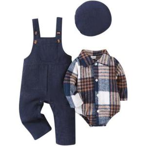 imageRenotemy Baby Boy Clothes Flannel Plaid BodysuitCorduroy OverallsBeret Hat 3Pcs Fall Winter Outfits for 324 Months BoysBlue
