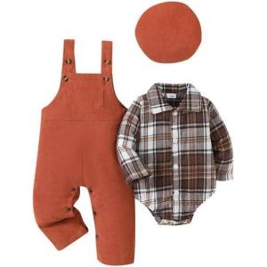imageRenotemy Baby Boy Clothes Flannel Plaid BodysuitCorduroy OverallsBeret Hat 3Pcs Fall Winter Outfits for 324 Months BoysBrown