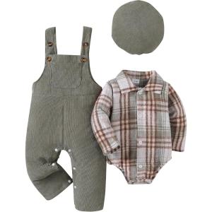 imageRenotemy Baby Boy Clothes Flannel Plaid BodysuitCorduroy OverallsBeret Hat 3Pcs Fall Winter Outfits for 324 Months BoysGreen
