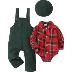 imageRenotemy Baby Boy Clothes Flannel Plaid BodysuitCorduroy OverallsBeret Hat 3Pcs Fall Winter Outfits for 324 Months BoysRed