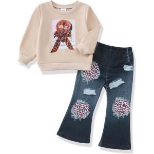 imageRenotemy Toddler Baby Girl Clothes Fall Winter Outfits Gifts Sweatshirt Bell Bottom Jeans Pants for 12Months5 Year GirlsApricot Leopard