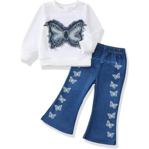 imageRenotemy Toddler Baby Girl Clothes Fall Winter Outfits Gifts Sweatshirt Bell Bottom Jeans Pants for 12Months5 Year GirlsWhite Butterfly
