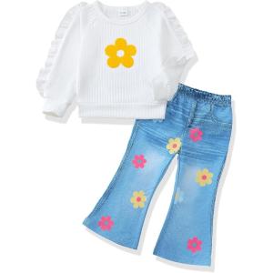 imageRenotemy Toddler Baby Girl Clothes Fall Winter Outfits Gifts Sweatshirt Bell Bottom Jeans Pants for 12Months5 Year GirlsWhite Flower