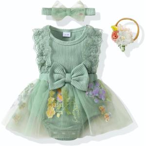 imageRenotemy Newborn Baby Girl Lace Romper Infant Summer Boho Flower Tulle Dress Party Gifts Newborn Photography OutfitsGreen Floral