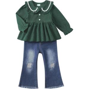 imageRenotemy Toddler Baby Girl Clothes Fall Winter Outfits Long Sleeve Shirts Denim Jeans Flare Pants Set for Girls 12Months5TGreen
