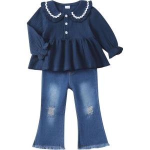 imageRenotemy Toddler Baby Girl Clothes Fall Winter Outfits Long Sleeve Shirts Denim Jeans Flare Pants Set for Girls 12Months5TNavy Blue