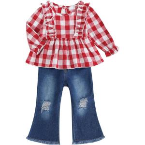 imageRenotemy Toddler Baby Girl Clothes Fall Winter Outfits Long Sleeve Shirts Denim Jeans Flare Pants Set for Girls 12Months5TRed White Plaid