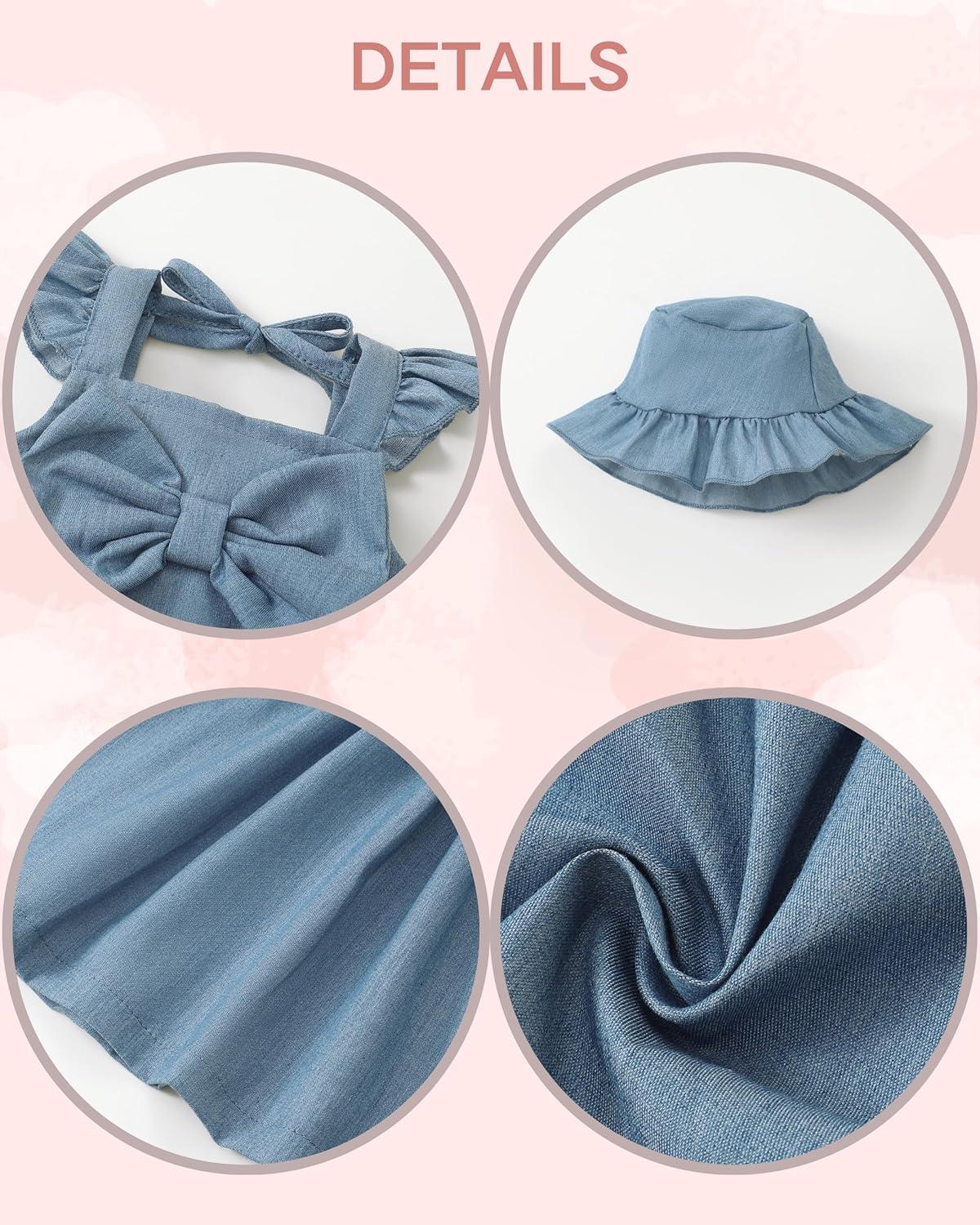 imageRenotemy Infant Baby Girl Dresses Toddler Girl Clothes Summer Cotton Linen Boho Smocked Sundress Gift for Girls with HatDenim Blue