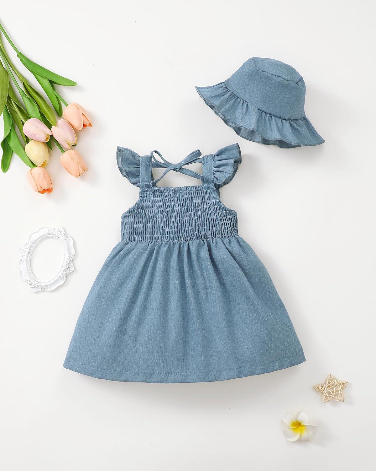 imageRenotemy Infant Baby Girl Dresses Toddler Girl Clothes Summer Cotton Linen Boho Smocked Sundress Gift for Girls with HatDenim Blue