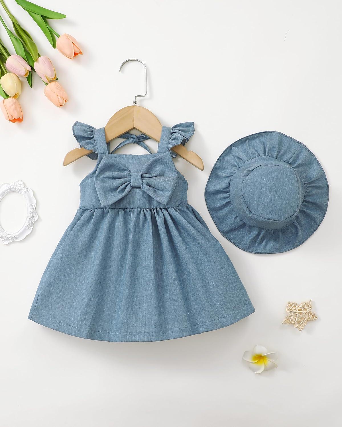 imageRenotemy Infant Baby Girl Dresses Toddler Girl Clothes Summer Cotton Linen Boho Smocked Sundress Gift for Girls with HatDenim Blue