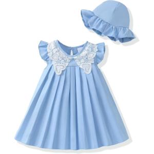 imageRenotemy Infant Baby Girl Dresses Toddler Girl Clothes Summer Cotton Linen Boho Smocked Sundress Gift for Girls with HatBlue