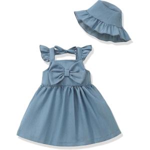 imageRenotemy Infant Baby Girl Dresses Toddler Girl Clothes Summer Cotton Linen Boho Smocked Sundress Gift for Girls with HatDenim Blue