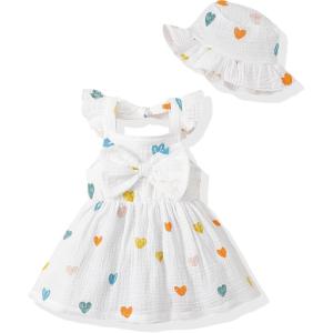 imageRenotemy Infant Baby Girl Dresses Toddler Girl Clothes Summer Cotton Linen Boho Smocked Sundress Gift for Girls with HatMulticolor Heart