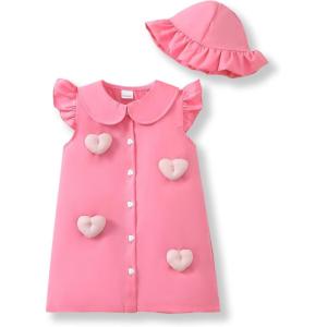imageRenotemy Infant Baby Girl Dresses Toddler Girl Clothes Summer Cotton Linen Boho Smocked Sundress Gift for Girls with HatPink Heart
