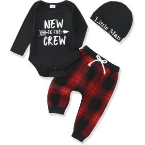 imageRenotemy Newborn Baby Boy Fall Clothes Long Sleeve Letter Printed Rompers Plaid Pants Hat Outfits Clothing Set 018 MonthsBlack