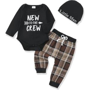 imageRenotemy Newborn Baby Boy Fall Clothes Long Sleeve Letter Printed Rompers Plaid Pants Hat Outfits Clothing Set 018 MonthsBlack Plaid