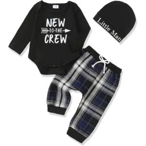 imageRenotemy Newborn Baby Boy Fall Clothes Long Sleeve Letter Printed Rompers Plaid Pants Hat Outfits Clothing Set 018 MonthsBlue