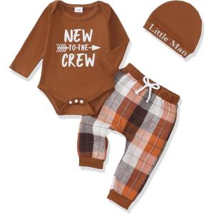 imageRenotemy Newborn Baby Boy Fall Clothes Long Sleeve Letter Printed Rompers Plaid Pants Hat Outfits Clothing Set 018 MonthsBrown