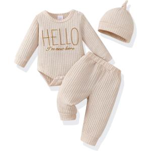 imageRenotemy Newborn Baby Boy Fall Clothes Long Sleeve Letter Printed Rompers Plaid Pants Hat Outfits Clothing Set 018 MonthsKhaki 2