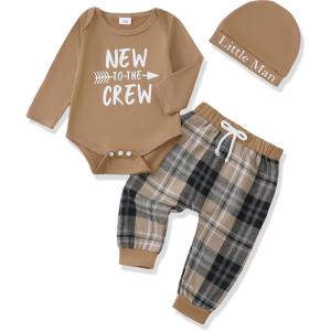 imageRenotemy Newborn Baby Boy Fall Clothes Long Sleeve Letter Printed Rompers Plaid Pants Hat Outfits Clothing Set 018 MonthsKhaki