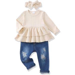 imageRenotemy Baby Girl Clothes Toddler Girl Clothes Outfits Infant Clothing Jeans Pants Set Cute Clothes Set for GirlsBeige
