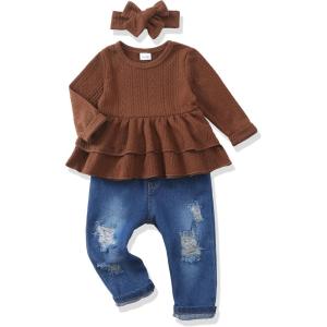 imageRenotemy Baby Girl Clothes Toddler Girl Clothes Outfits Infant Clothing Jeans Pants Set Cute Clothes Set for GirlsSolid Brown