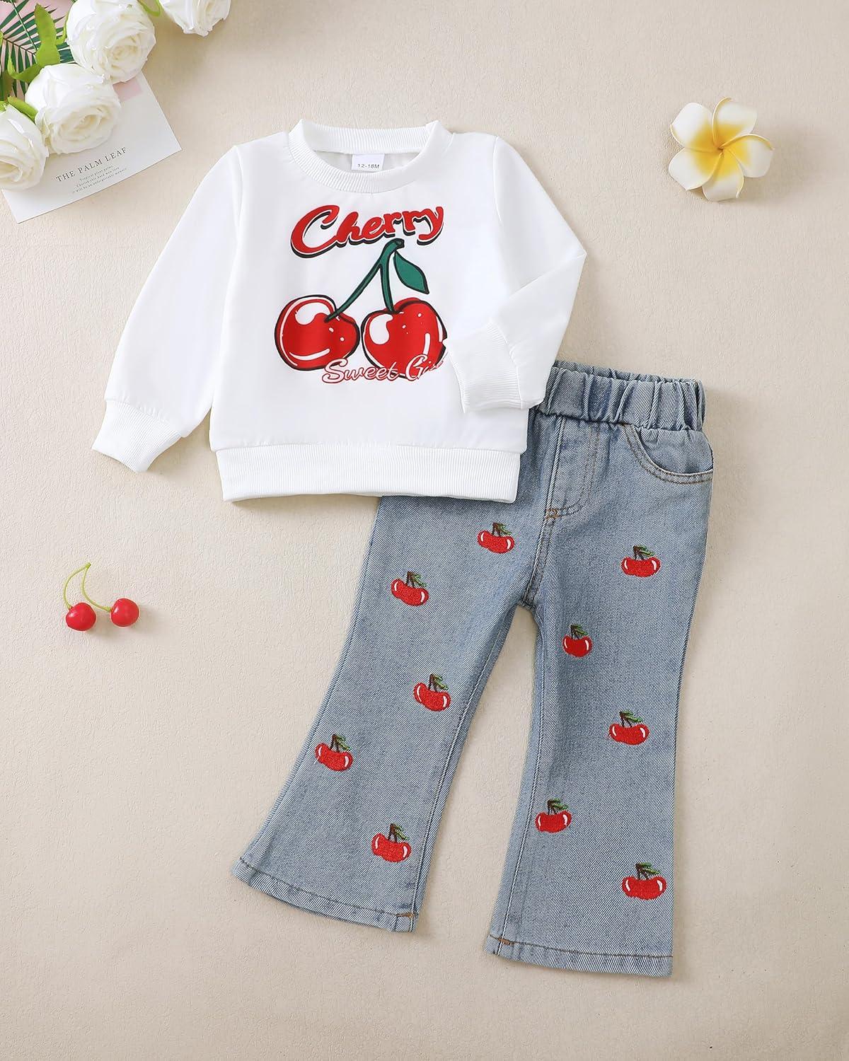 imageRenotemy Toddler Baby Girl Clothes Fall Winter Outfits Gifts Sweatshirt Jeans Bell Bottom Pants Set for 12Months5 Year GirlsWhite Cherry