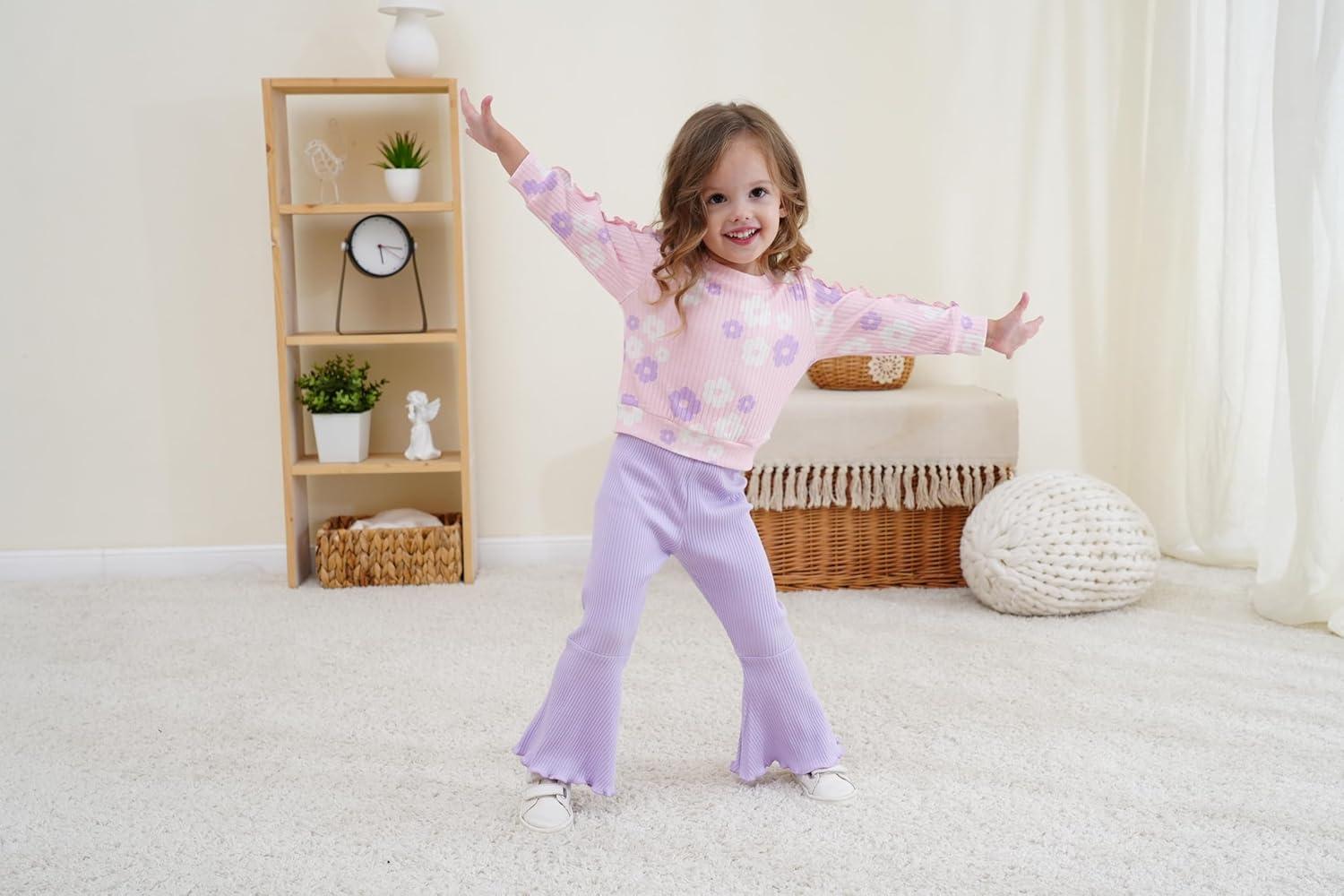 imageRenotemy Toddler Baby Girl Clothes Fall Winter Outfits Ruffle Sleeve Crew Neck Sweatshirts Flare Pants Set 12Months4 YearLight Pink