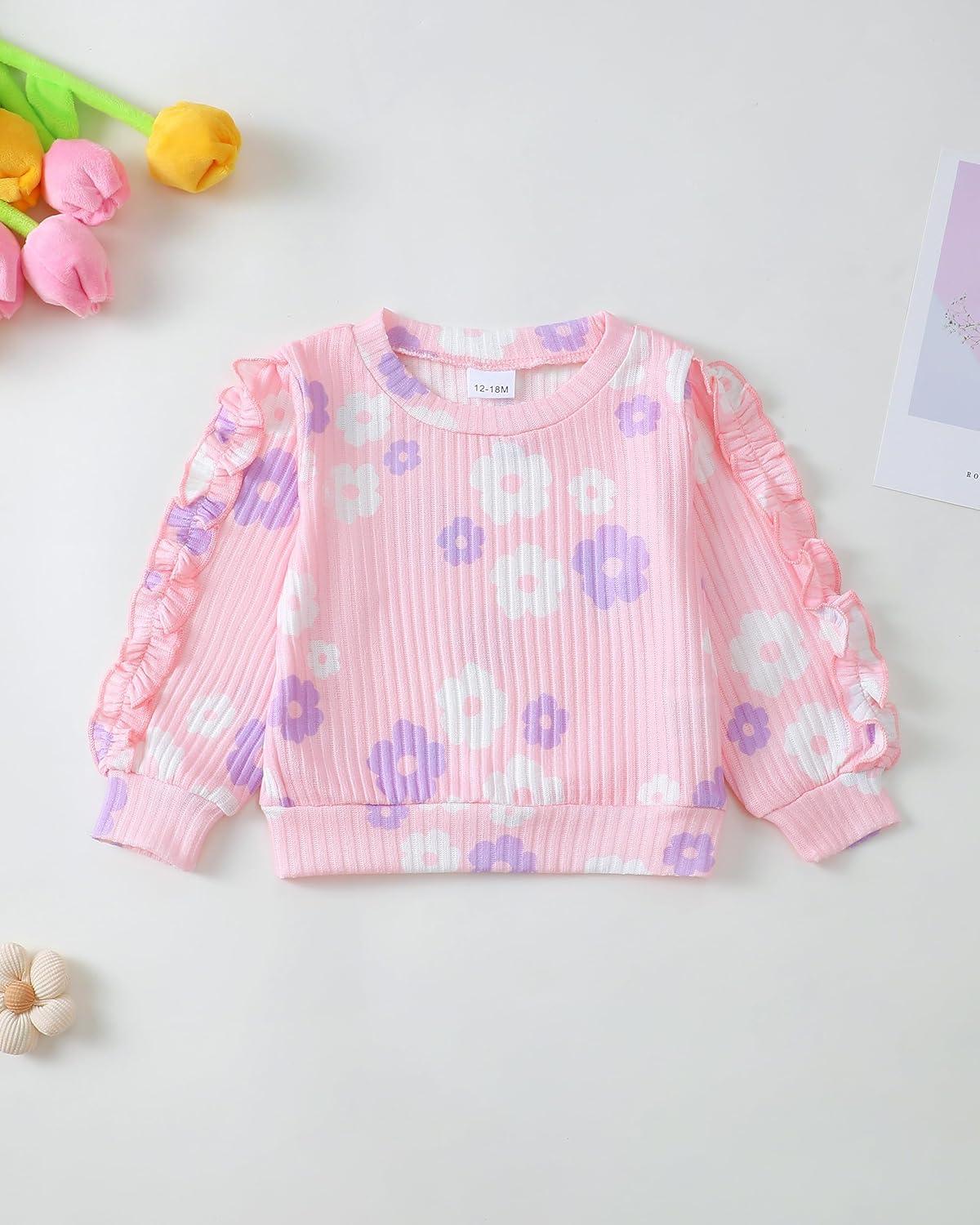 imageRenotemy Toddler Baby Girl Clothes Fall Winter Outfits Ruffle Sleeve Crew Neck Sweatshirts Flare Pants Set 12Months4 YearLight Pink