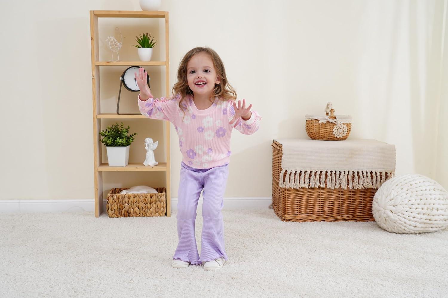 imageRenotemy Toddler Baby Girl Clothes Fall Winter Outfits Ruffle Sleeve Crew Neck Sweatshirts Flare Pants Set 12Months4 YearLight Pink